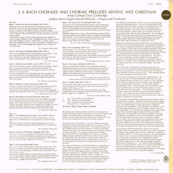 J.S. Bach* / Kings' College Choir, Cambridge* / Andrew Davis (Organ) David Willcocks : Chorales And Chorale Preludes: Advent And Christmas (LP, Album, Club)