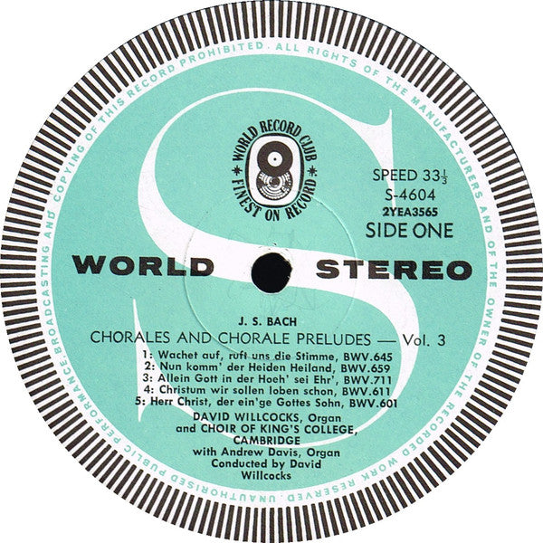J.S. Bach* / Kings' College Choir, Cambridge* / Andrew Davis (Organ) David Willcocks : Chorales And Chorale Preludes: Advent And Christmas (LP, Album, Club)