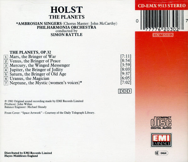 Gustav Holst - The Ambrosian Singers - Philharmonia Orchestra - Sir Simon Rattle : The Planets (CD, Album, RE, RP)