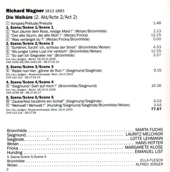Wagner* - Marta Fuchs, Hans Hotter, Lotte Lehmann, Lauritz Melchior, Margarete Klose, Emanuel List, Bruno Walter / Bruno Seidler-Winkler : Die Walküre: 2.Akt / Acte 2 / Act 2 (CD, Comp, RE, RM)
