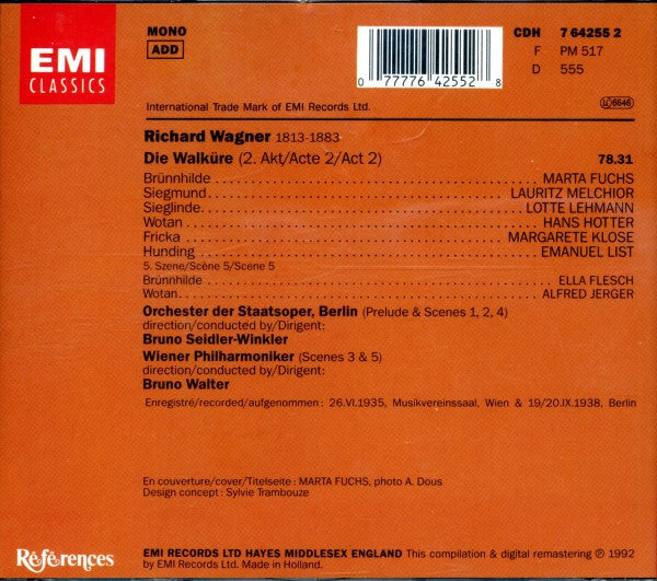 Wagner* - Marta Fuchs, Hans Hotter, Lotte Lehmann, Lauritz Melchior, Margarete Klose, Emanuel List, Bruno Walter / Bruno Seidler-Winkler : Die Walküre: 2.Akt / Acte 2 / Act 2 (CD, Comp, RE, RM)