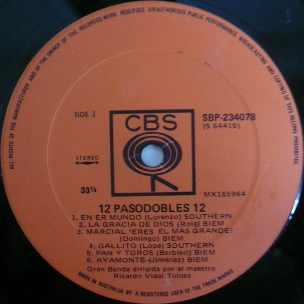 Gran Banda Dirigida Por El Maestro Ricardo Vidal* : 12 Pasodobles 12 (LP)
