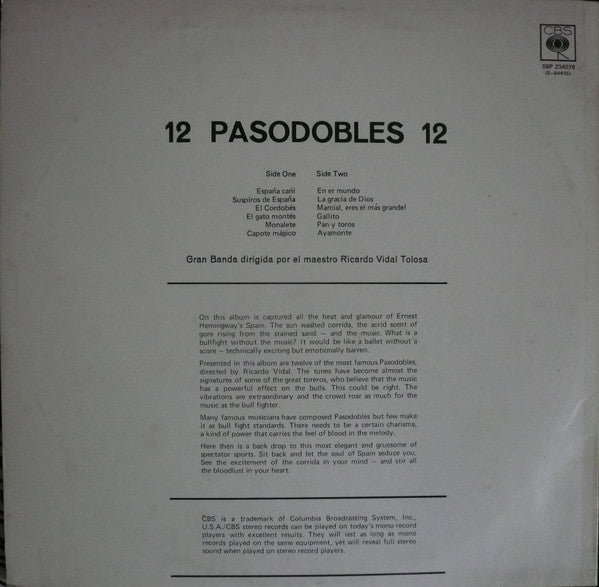 Gran Banda Dirigida Por El Maestro Ricardo Vidal* : 12 Pasodobles 12 (LP)