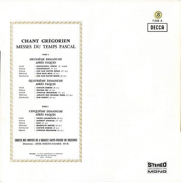Chœur Des Moines De L'Abbaye Saint-Pierre De Solesmes, Dom Joseph Gajard : Chant Gregorien - Messes Du Temps Pascal 2 (LP, gat)