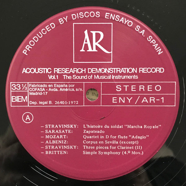 Various : Acoustic Research Demonstration Record. Vol.1: The Sound Of Musical Instruments (LP, Comp, Mono, Smplr)