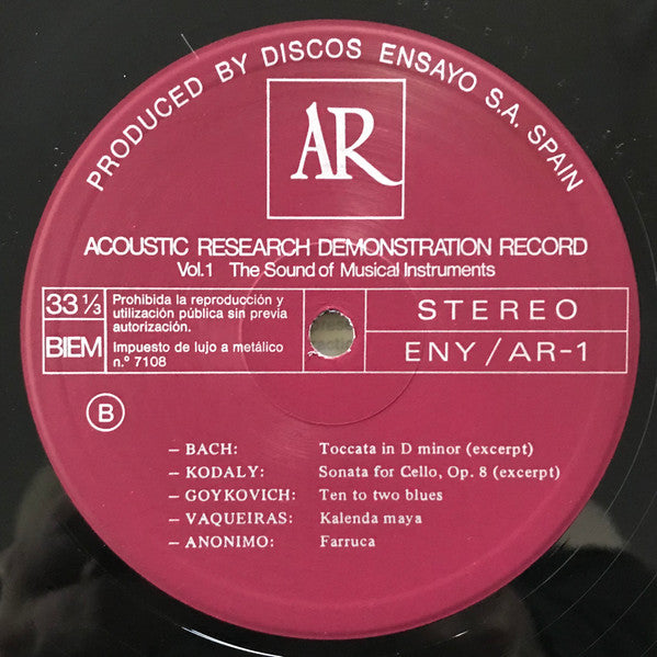 Various : Acoustic Research Demonstration Record. Vol.1: The Sound Of Musical Instruments (LP, Comp, Mono, Smplr)