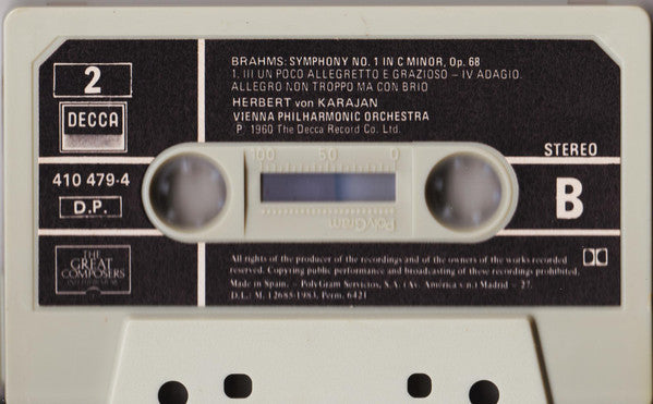 Brahms*, Vienna Philharmonic Orchestra*, Herbert Von Karajan : Symphony No.1 In C Minor, Opus 68 (Cass, Album)