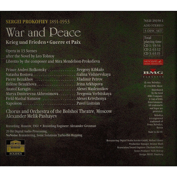 Sergei Prokofiev - Евгений Кибкало, Galina Vishnevskaya, Владимир Петров (4), Aleksei Maslennikov, Павел Лисициан, Ирина Архипова, Chorus Of The Bolshoi Theatre And Bolshoi Theatre Orchestra, Alexander Melik-Pashayev : War And Peace (3xCD, Album, RE, RM + Box, Sli)