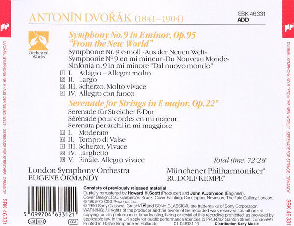 Antonín Dvořák, Eugene Ormandy • Rudolf Kempe : Symphony No. 9 "From The New World" • Serenade For Strings (CD, Comp, RE, RM)