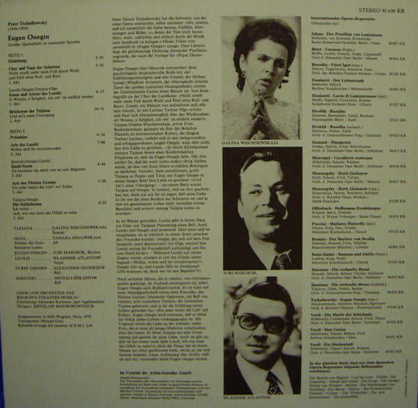 Pyotr Ilyich Tchaikovsky, Galina Vishnevskaya • Vladimir Atlantov, Yuri Mazurok • Aleksander Ognivtsev • Mstislav Rostropovich, Bolshoi Theatre Orchestra : Eugen Onegin  In Russischer Sprache (LP)