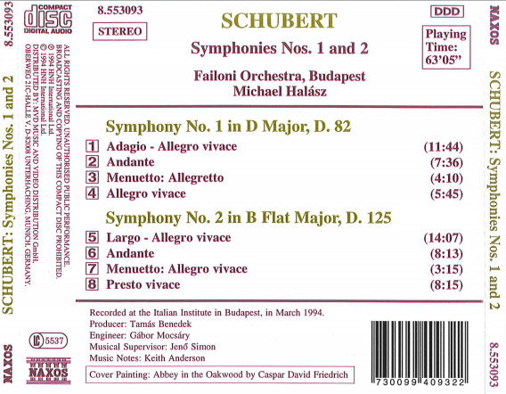 Schubert* - Failoni Orchestra*, Michael Halász : Symphonies Nos. 1 And 2 (CD, Album)