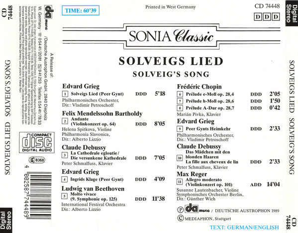 Grieg* ∙ Mendelssohn Bartholdy* / Debussy* ∙ Beethoven* ∙ Chopin* ∙ Reger* : Solveigs Lied (CD)