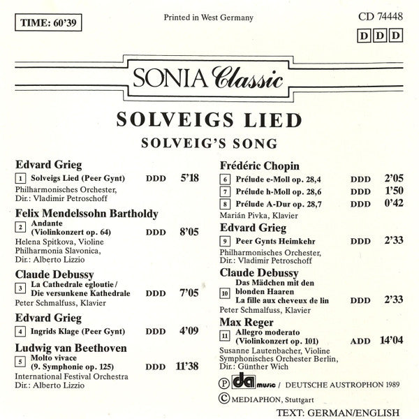 Grieg* ∙ Mendelssohn Bartholdy* / Debussy* ∙ Beethoven* ∙ Chopin* ∙ Reger* : Solveigs Lied (CD)