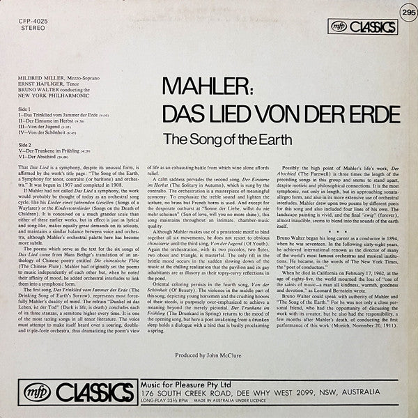 Gustav Mahler - Bruno Walter, New York Philharmonic, Mildred Miller, Ernst Haefliger : Das Lied Von Der Erde (LP)