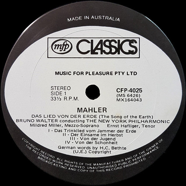 Gustav Mahler - Bruno Walter, New York Philharmonic, Mildred Miller, Ernst Haefliger : Das Lied Von Der Erde (LP)