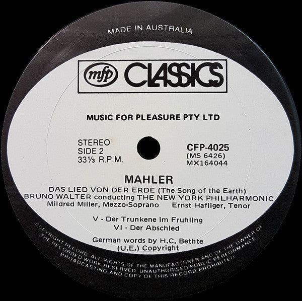 Mahler* - Bruno Walter, New York Philharmonic, Mildred Miller, Ernst Häfliger* : Das Lied Von Der Erde (LP)