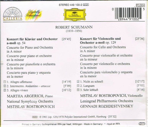 Robert Schumann - Martha Argerich, Mstislav Rostropovich : Klavierkonzert - Cellokonzert (CD, Comp, RE, RM)