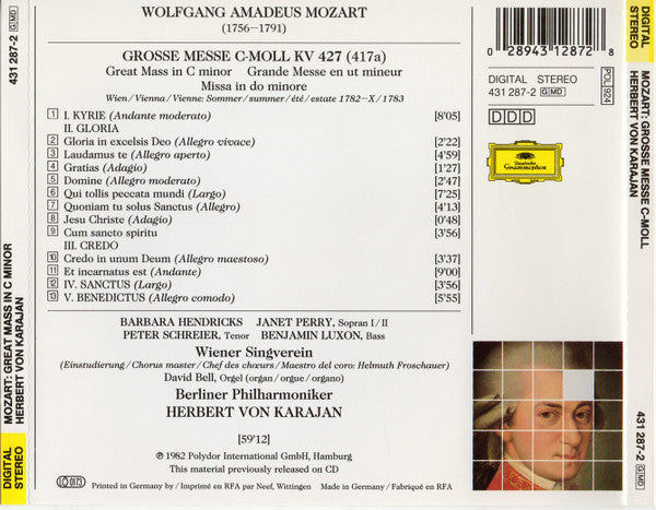 W. A. Mozart* - Herbert von Karajan : Grosse Messe C-Moll (CD, Album, RE)