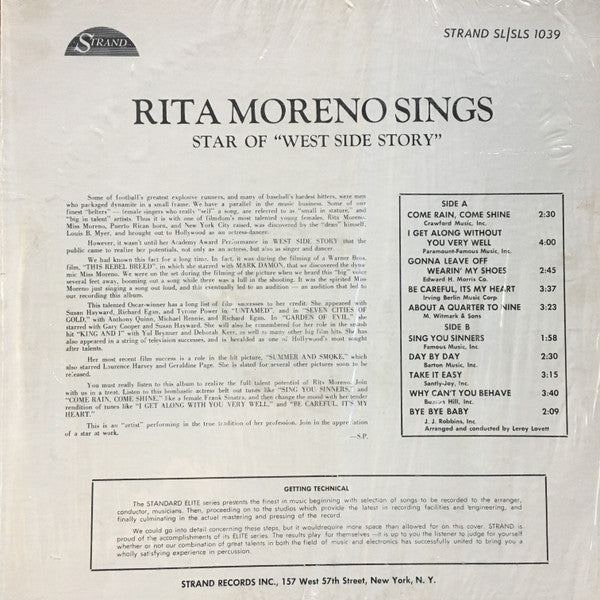 Rita Moreno : Academy Award Winner Rita Moreno Sings (Star Of West Side Story) (LP, Mono, RE)
