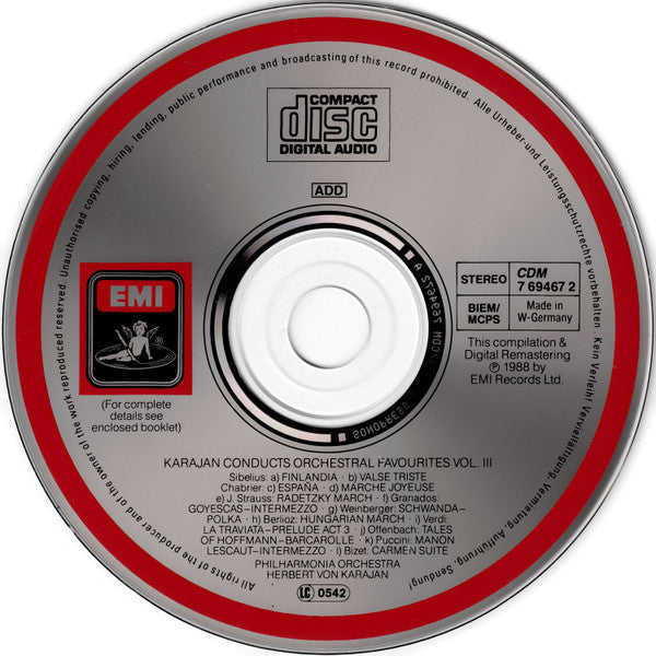 Herbert von Karajan, Hector Berlioz, Georges Bizet, Emmanuel Chabrier, Enrique Granados, Jacques Offenbach, Giacomo Puccini, Jean Sibelius, Johann Strauss Sr., Giuseppe Verdi, Jaromir Weinberger : Karajan Conducts Orchestral Favourites III (CD, Comp)