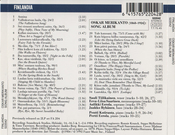 Oskar Merikanto - Sauli Tiilikainen • Eeva-Liisa Saarinen • Aulikki Eerola • Jaakko Ryhänen : Song Album (CD, Album, RE, RM)