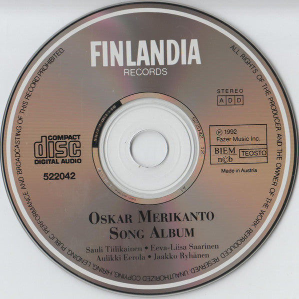 Oskar Merikanto - Sauli Tiilikainen • Eeva-Liisa Saarinen • Aulikki Eerola • Jaakko Ryhänen : Song Album (CD, Album, RE, RM)