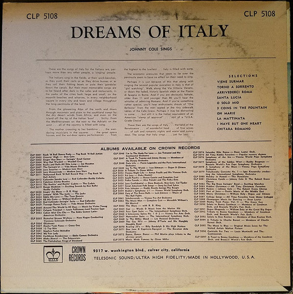 Johnny Cole : Dreams Of Italy (LP, Album, Mono)