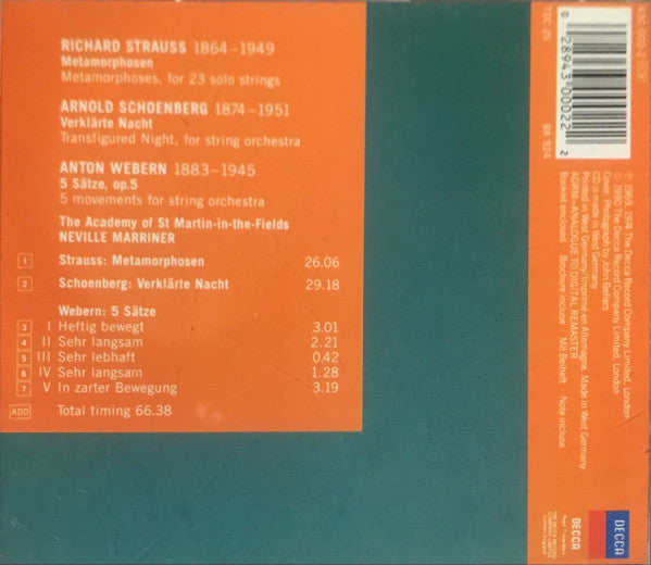 Sir Neville Marriner, The Academy Of St. Martin-in-the-Fields, Richard Strauss, Arnold Schoenberg, Anton Webern : Strauss / Schoenberg / Webern - Music for Strings - Neville Marriner (CD, Comp)