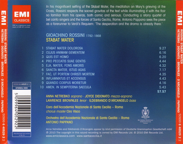 Gioacchino Rossini, Anna Netrebko, Joyce DiDonato, Lawrence Brownlee, Ildebrando D'Arcangelo, Orchestra Dell'Accademia Nazionale di Santa Cecilia E Coro Dell'Accademia Nazionale di Santa Cecilia, Antonio Pappano : Stabat Mater (CD)
