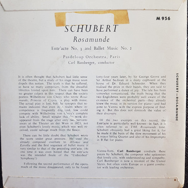 Schubert*, Pasdeloup Orchestra, Paris*, Carl Bamberger : Rosamunde, Op. 26 (7")