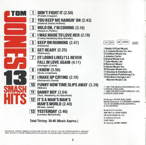 Tom Jones : 13 Smash Hits (CD, Album, RE)