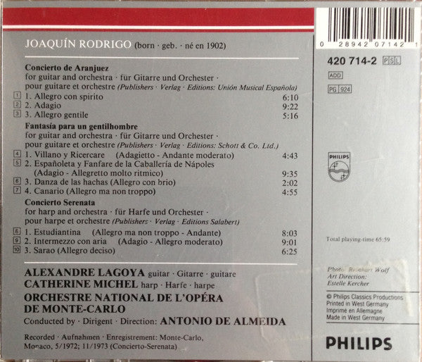 Joaquín Rodrigo, Alexandre Lagoya, Catherine Michel - Harp, Orchestre National De L'Opéra De Monte-Carlo, Antonio de Almeida : Concierto De Aranjuez - Fantasía Para Un Gentilhombre - Concierto Serenata (CD, Comp, RE, RM)