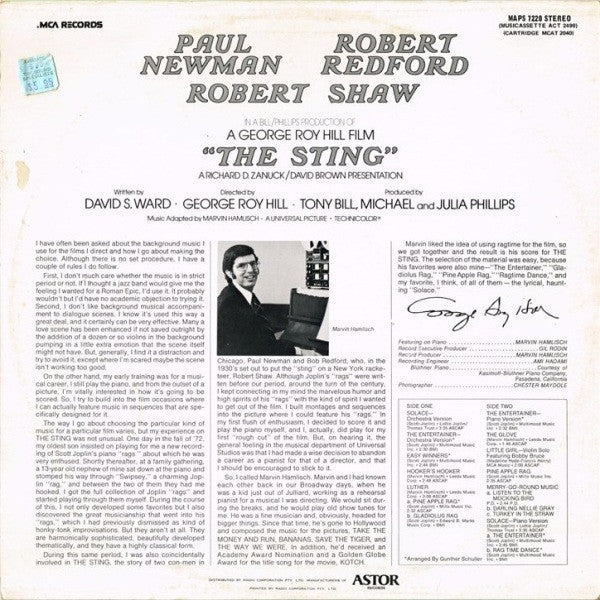 Marvin Hamlisch Featuring The Music Of Scott Joplin : The Sting (Original Motion Picture Soundtrack) (LP, Album)