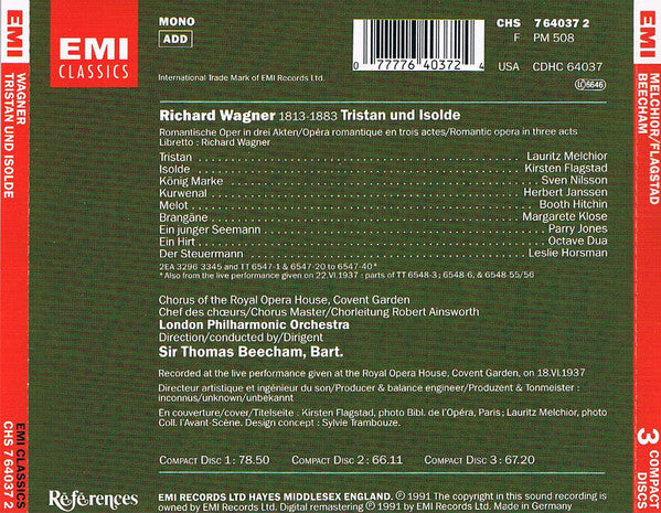 Richard Wagner, Lauritz Melchior, Kirsten Flagstad, Margarete Klose, Herbert Janssen (2), Sven Nilsson (5), Chorus Of The Royal Opera House, Covent Garden, London Philharmonic Orchestra, Sir Thomas Beecham : Tristan Und Isolde (3xCD, Mono, RE)