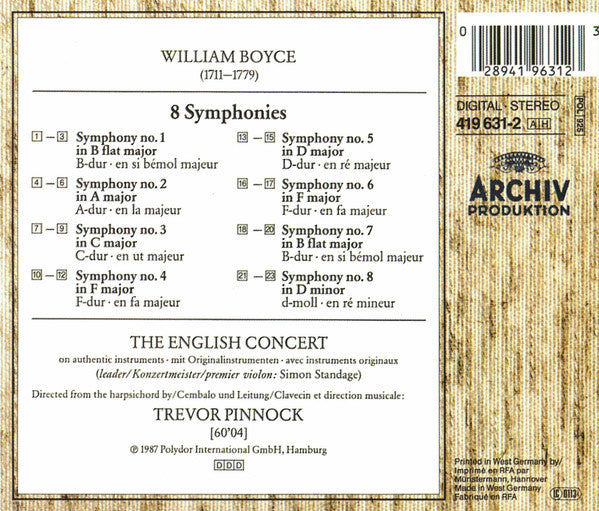 William Boyce – The English Concert, Trevor Pinnock : 8 Symphonies (CD, Album, RP)