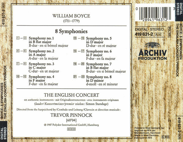 William Boyce – The English Concert, Trevor Pinnock : 8 Symphonies (CD, Album, RP)
