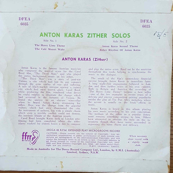 Anton Karas : Zither Solos (7", EP)