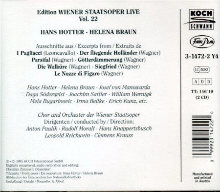 Ruggiero Leoncavallo, Wolfgang Amadeus Mozart, Richard Wagner, Hans Hotter, Helena Braun, Melanija Bugarinović, Max Lorenz (2), Josef von Manowarda, Joachim Sattler, Daga Söderqvist, William Wernigk, Hans Knappertsbusch, Clemens Krauss, Rudolf Moralt, Ant : Hans Hotter, Helena Braun, Leoncavallo, Mozart, Wagner (1940-1941) - Edition Wiener Staatsoper Live Vol. 22 (2xCD)