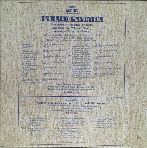 Johann Sebastian Bach, Edith Mathis, Anna Reynolds, Peter Schreier, Dietrich Fischer-Dieskau, Münchener Bach-Orchester, Münchener Bach-Chor, Karl Richter : Kantaten /  Himmelfahrt - Pfingsten - Trinitatis / Ascension Day - Whitsun - Trinity / Ascension - Pentecôte - Trinité (6xLP, RE + Box)
