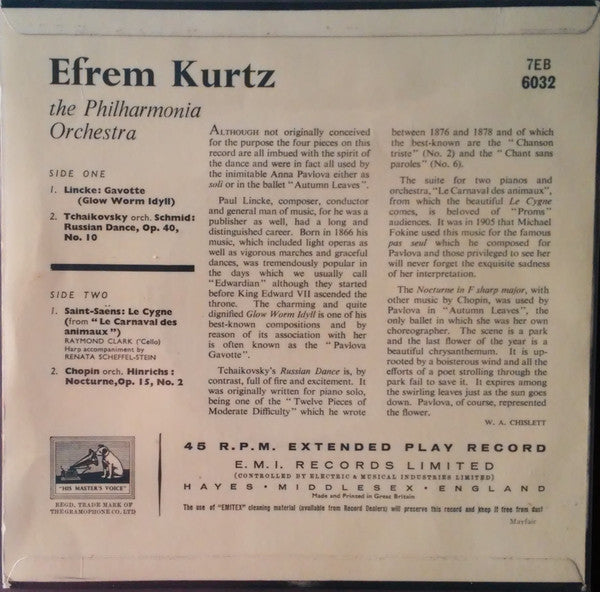 Efrem Kurtz, Philharmonia Orchestra : The Swan (7", EP)