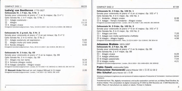 Beethoven*, Brahms*, Pablo Casals, Mieczyslaw Horszowski, Otto Schulhof : Cellosonaten = Cello Sonatas (2xCD, Comp, Mono, RM)