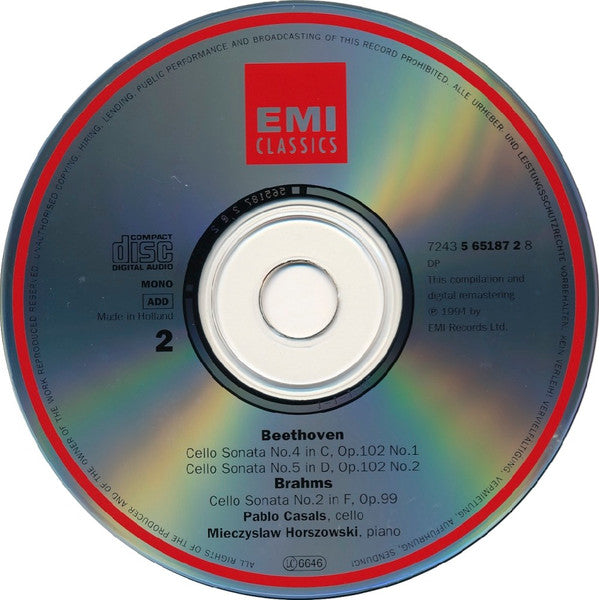 Beethoven*, Brahms*, Pablo Casals, Mieczyslaw Horszowski, Otto Schulhof : Cellosonaten = Cello Sonatas (2xCD, Comp, Mono, RM)