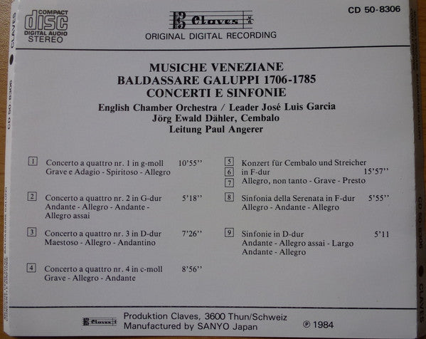 English Chamber Orchestra, Jörg Ewald Dähler, Paul Angerer : Musiche Veneziane - Galuppi : Concerti E Sinfonie (CD, Album)