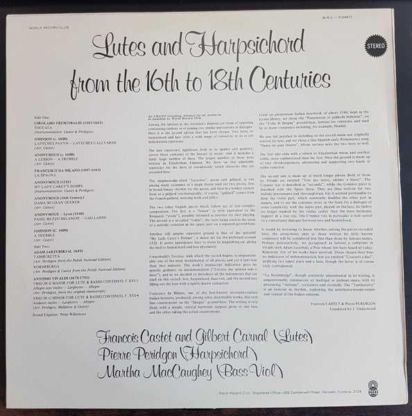 François Castet, Gilbert Carnal, Pierre Perdigon : Lutes And Harpsichord From The 16th To 18th Centuries (LP, Album, Club)