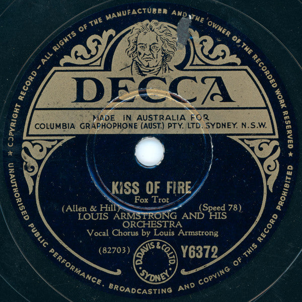Louis Armstrong And His Orchestra : I'll Walk Alone / Kiss Of Fire (Shellac, 10", Single)