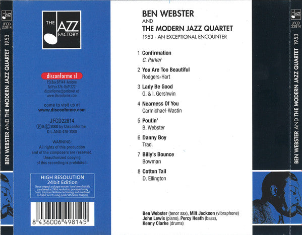 Ben Webster And The Modern Jazz Quartet : 1953 An Exceptional Encounter (CD, Album, RE)