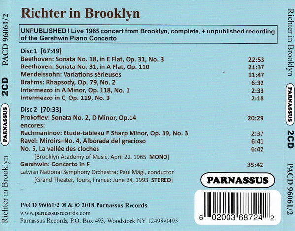 Sviatoslav Richter : Richter In Brooklyn (2xCD, Mono)