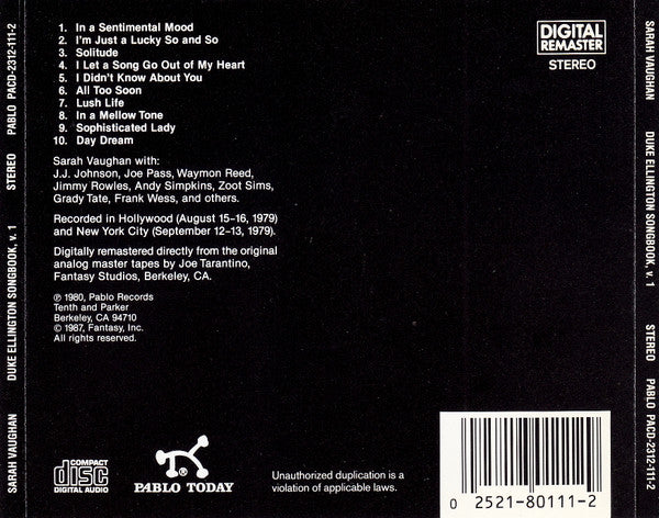 Sarah Vaughan : Duke Ellington Song Book One (CD, Album, RE, RM)