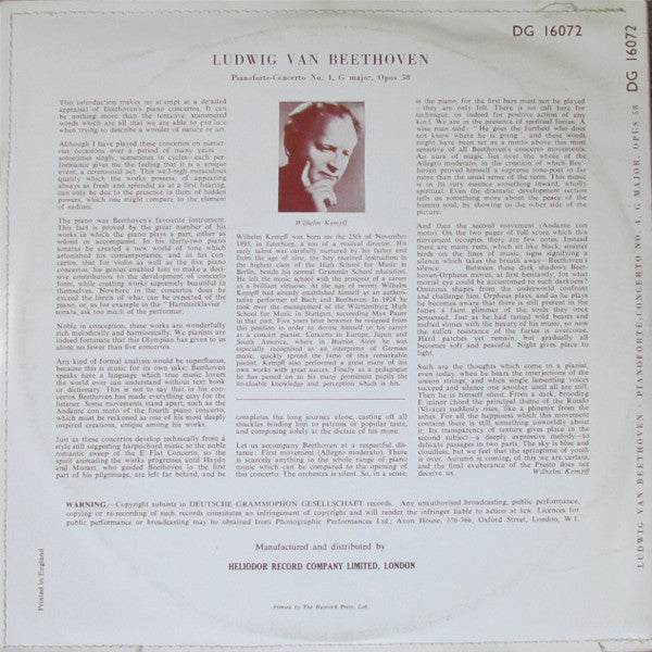 Ludwig van Beethoven – Wilhelm Kempff, The Berlin Philharmonic Orchestra*, Paul van Kempen : Pianoforte - Concerto No. 4, G Major, Opus 58 (10", Mono)