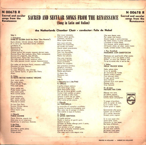 Nederlands Kamerkoor, Felix De Nobel : Sacred And Secular Songs From The Renaissance (10")